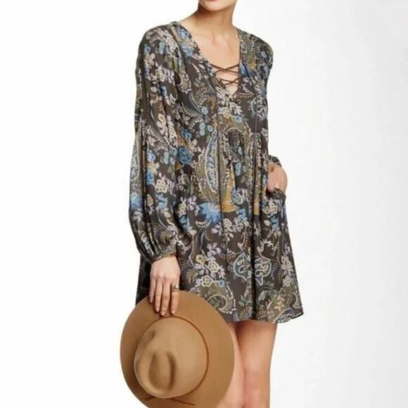 FREE PEOPLE Rain or Shine Floral Lace Up Mini Dress - Long Sleeve - Gray - S - Picture 1 of 7